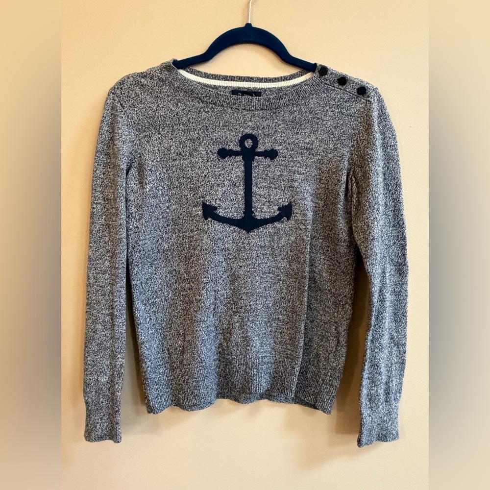 Nautica Cotton Long Sleeve Marl Knit Intarsia Anchor Fisherman Sweater Top Shirt